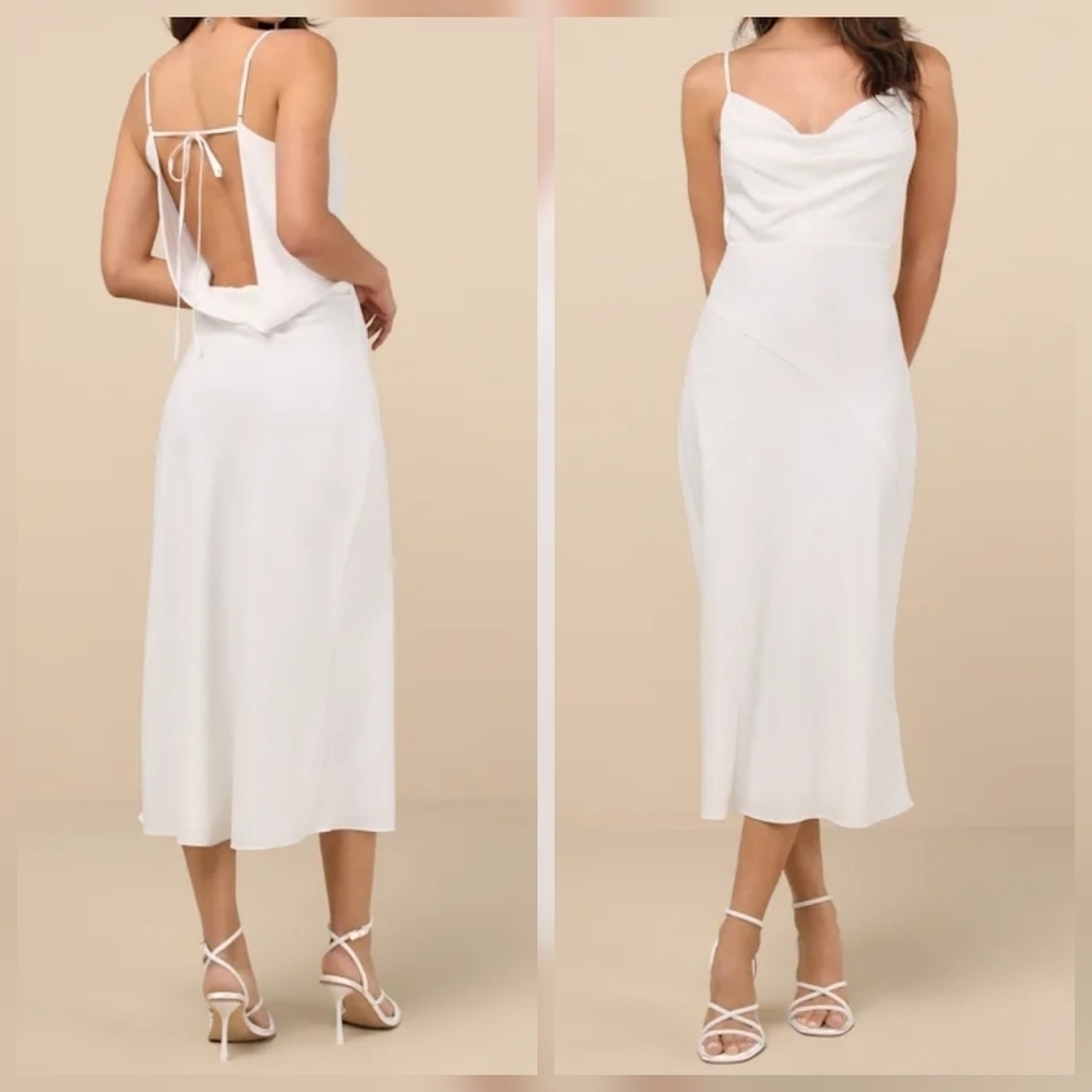 Lulus Caleigh Ivory Satin Draped Backless Cowl-Neck Slip Midi Dress